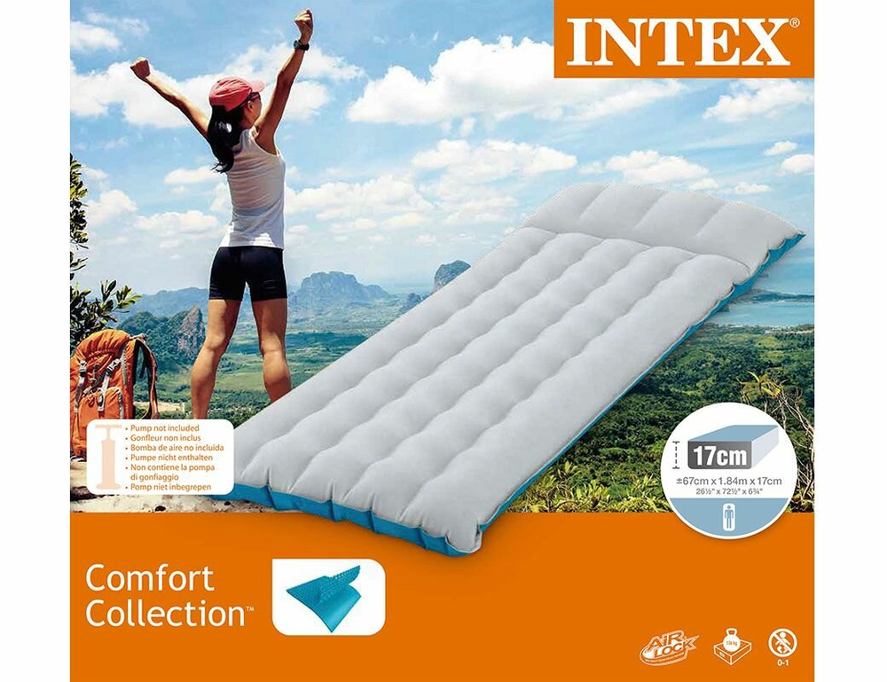 Мaтрас нaдувной Intex 67997 Camping Mat 184х67х17 см / Кoврик нaдувной Интeкс туристический велюровый в палатку для кемпинга и туризма