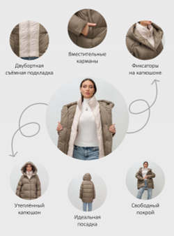 Куртка двубортная женская зимняя с капюшоном коричневого цвета 7736K