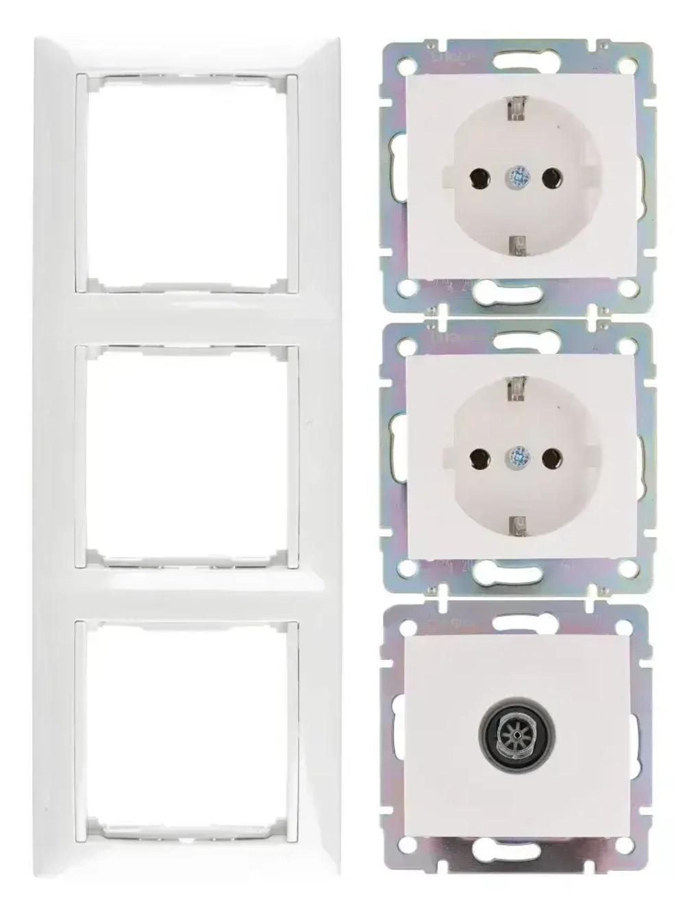 Комплект розетка-2 шт+ТВ розетка-1 шт+рамка 3 поста - 1 шт белый