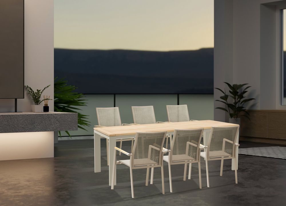 Lyon-Andy 220B+6N, комплект обеденной мебели бежевый/натуральный, алюминий/тик
