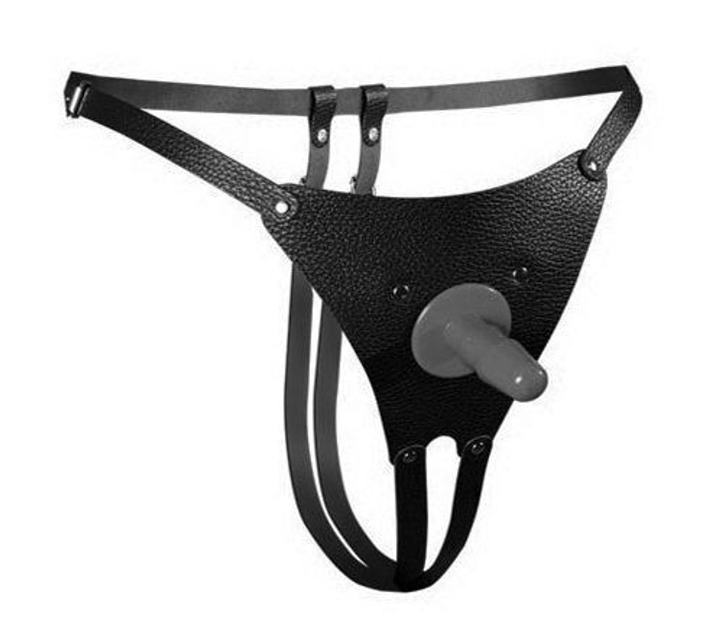 Черные кожаные трусики для страпона (Цвет: черный)