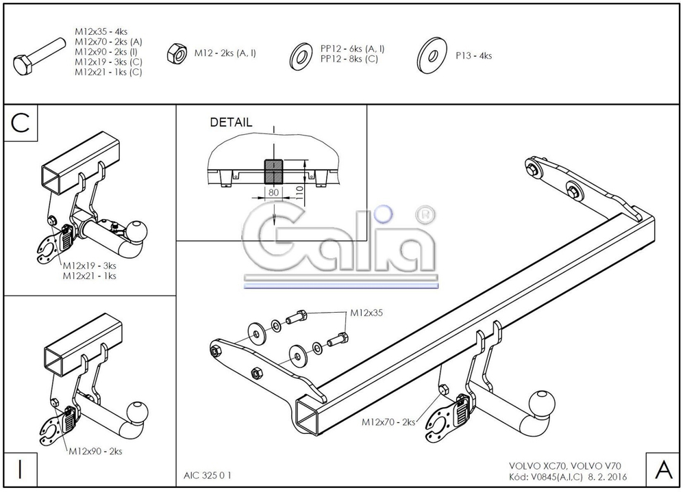 Фаркоп оцинкованный Galia V084C для Volvo XC70 2007-2016(паспорт и сертификат в комплекте)(без электрики)