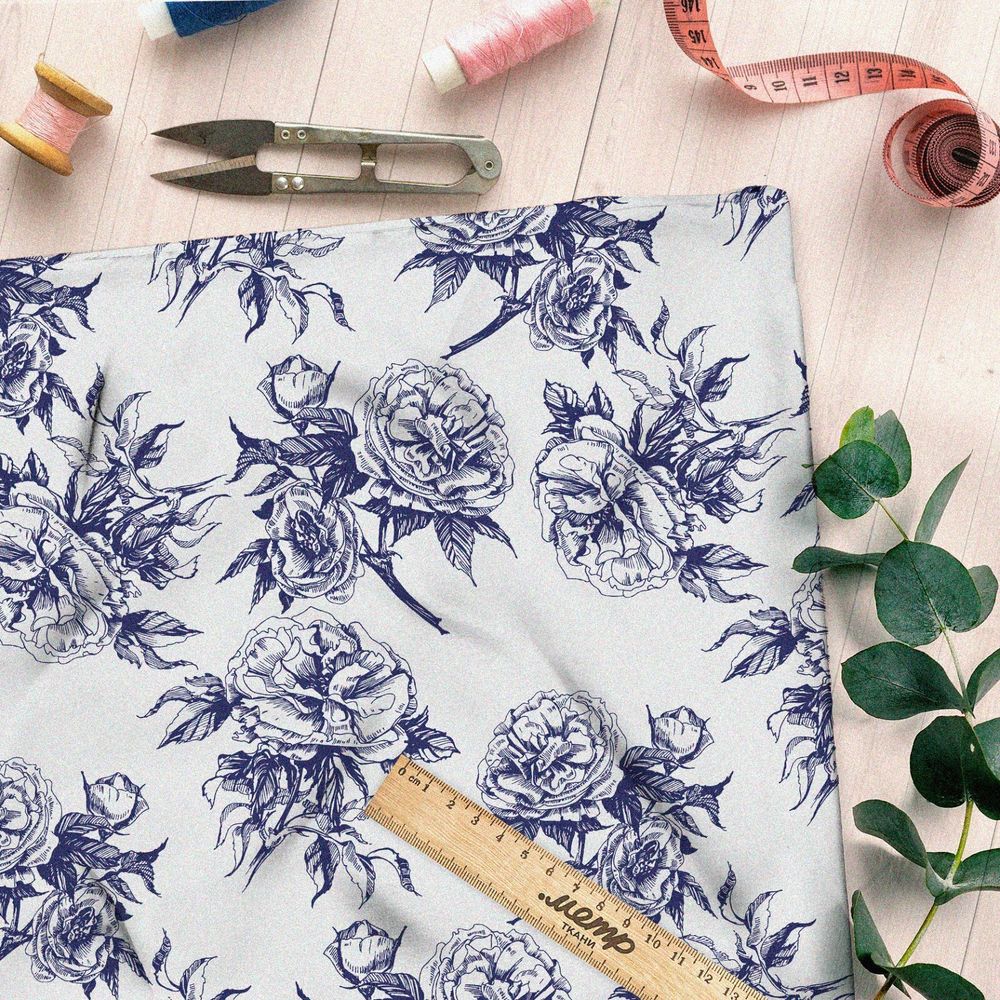 Ткань футер 2-х нитка синие контуры цветов