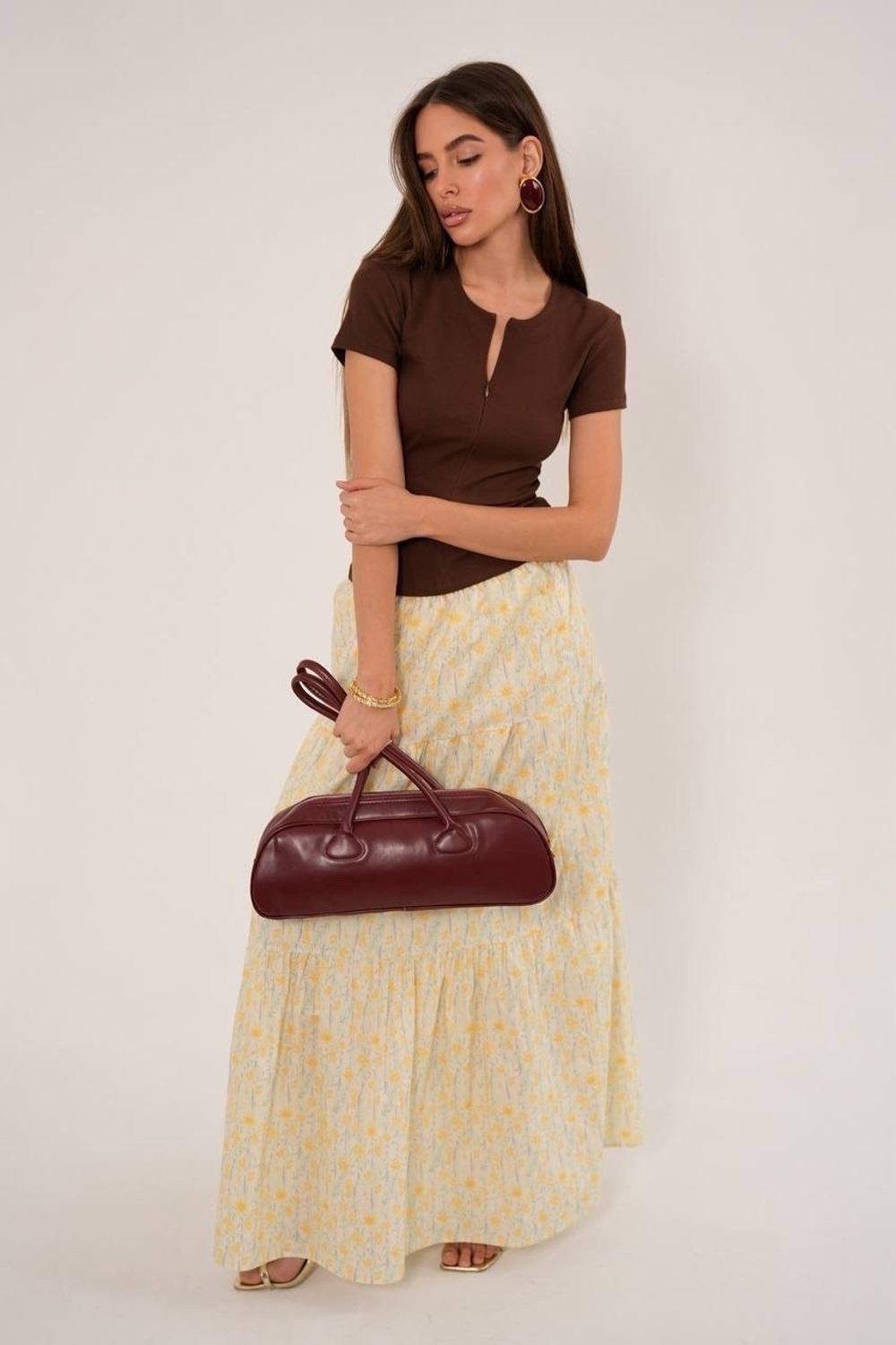 Юбка из хлопка ярусная в мелкий цветочек в макси длине