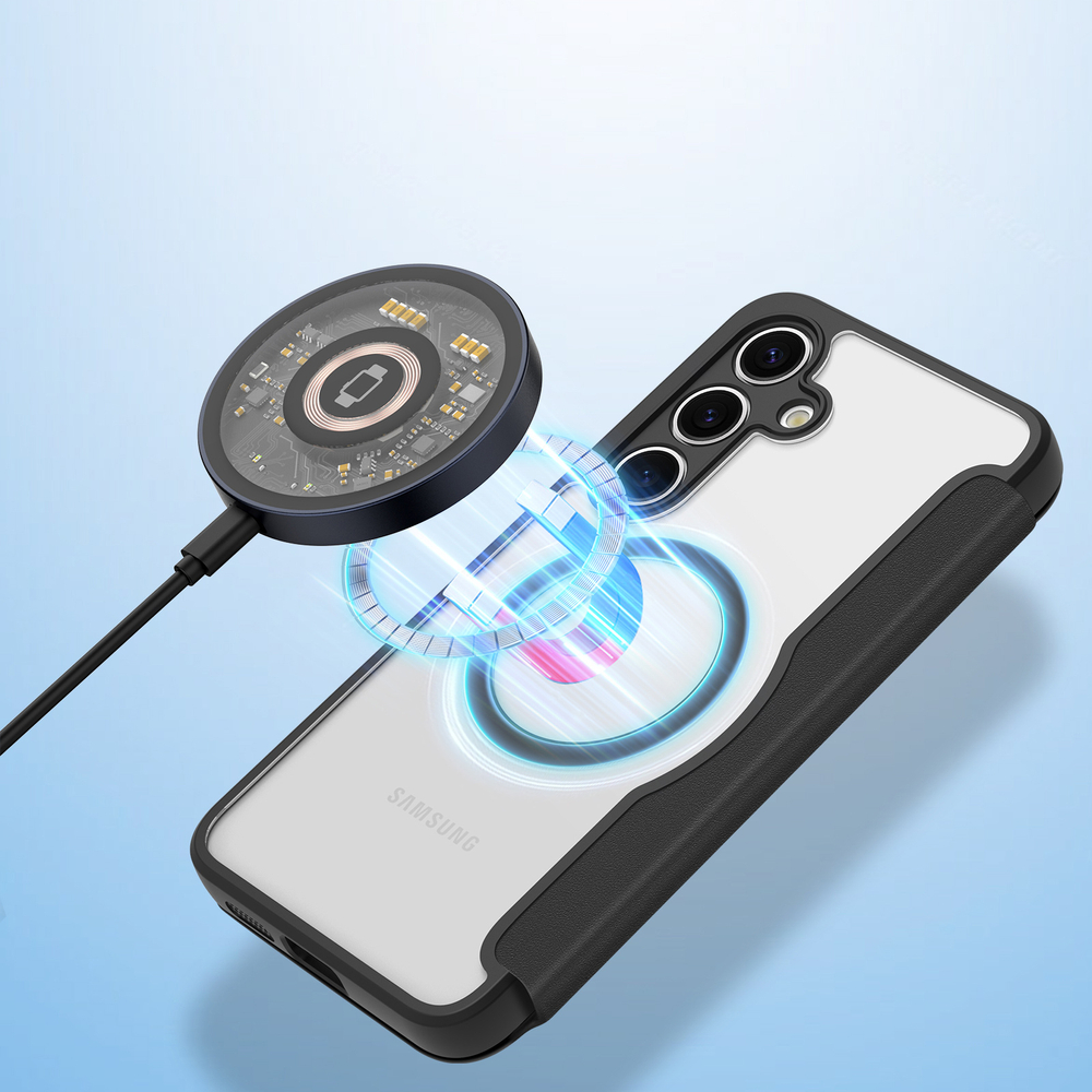 Прозрачный чехол книжка черного цвета с поддержкой MagSafe от Dux Ducis для Samsung Galaxy S24+, серия Skin X Pro Series Case