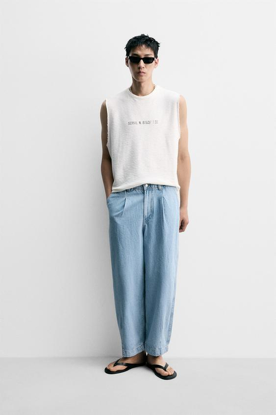 ZARA ДЖИНСОВЫЕ БРЮКИ ЧИНОС ШИРОКОГО КРОЯ СО СКЛАДКАМИ, ГОЛУБОЙ