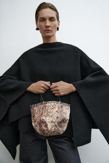 ZARA НЕБОЛЬШАЯ КОЖАНАЯ СУМКА-МЕШОК С АНИМАЛИСТИЧЕСКИМ УЗОРОМ, КОРИЧНЕВЫЙ