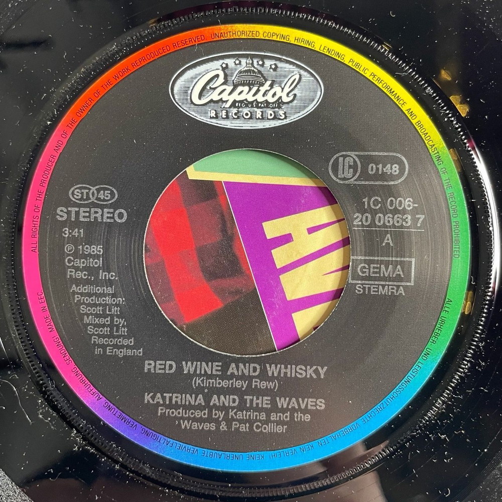 Винтажная виниловая пластинка LP Katrina And The Waves Red Wine And Whisky (Germany 1985) 7 дюймов, 45 RPM, Single