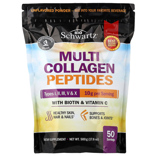 BioSchwartz, порошок из мультиколлагеновых пептидов, типы I, II, III, V и X, с биотином и витамином C, с нейтральным вкусом, 500 г (17,6 унции)