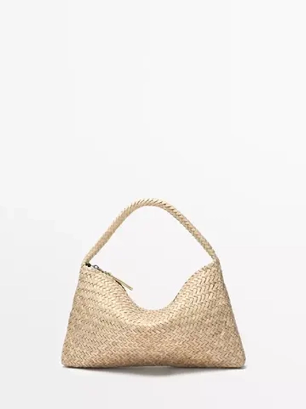 Massimo Dutti Маленькая плетеная кожаная сумка через плечо, кремовый