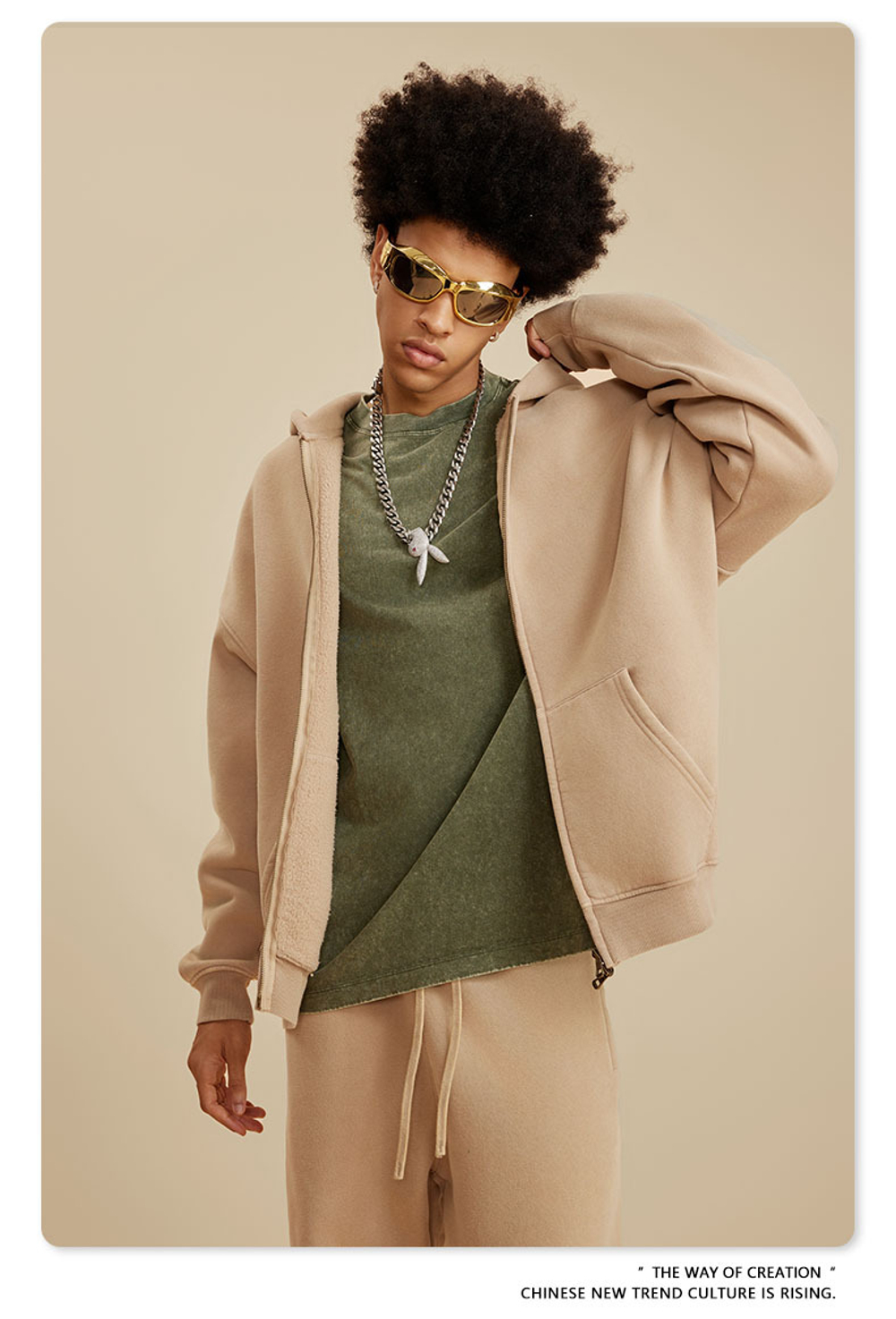 Американский модный брендовый костюм мужской зелёного цвета с эффектом потёртости с капюшоном и двойной молнией для мужчин.