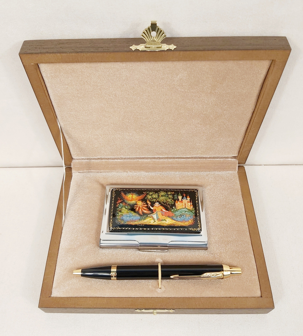 Набор "Жар-птица" визитница персональная с ручной росписью Палех  и авторучка Parker
