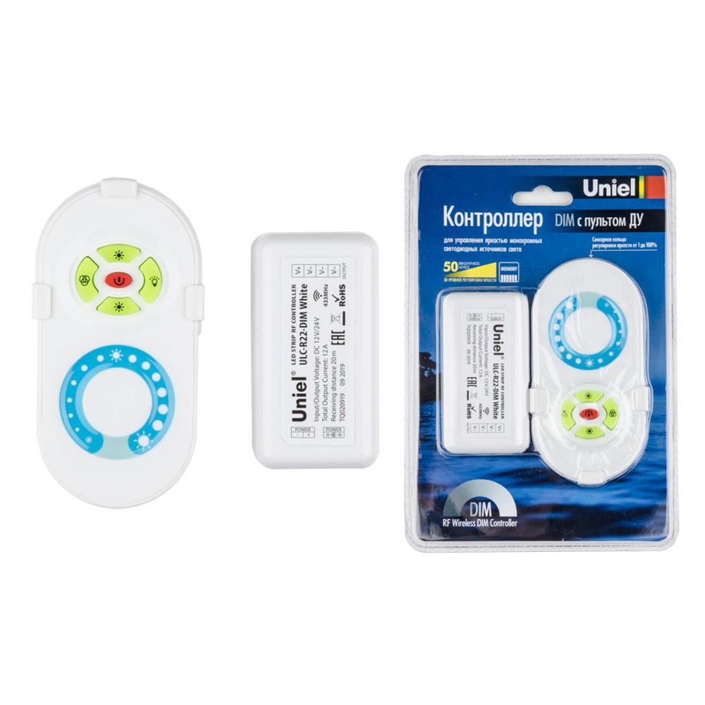 ULC-R22-DIM White Контроллер для управления яркостью одноцветных светодиодных источников света с пультом с ДУ. Цвет пульта белый. Упаковка блистер.