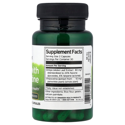 Swanson, гинкго с винпоцетином, стандартизированное, 60 капсул