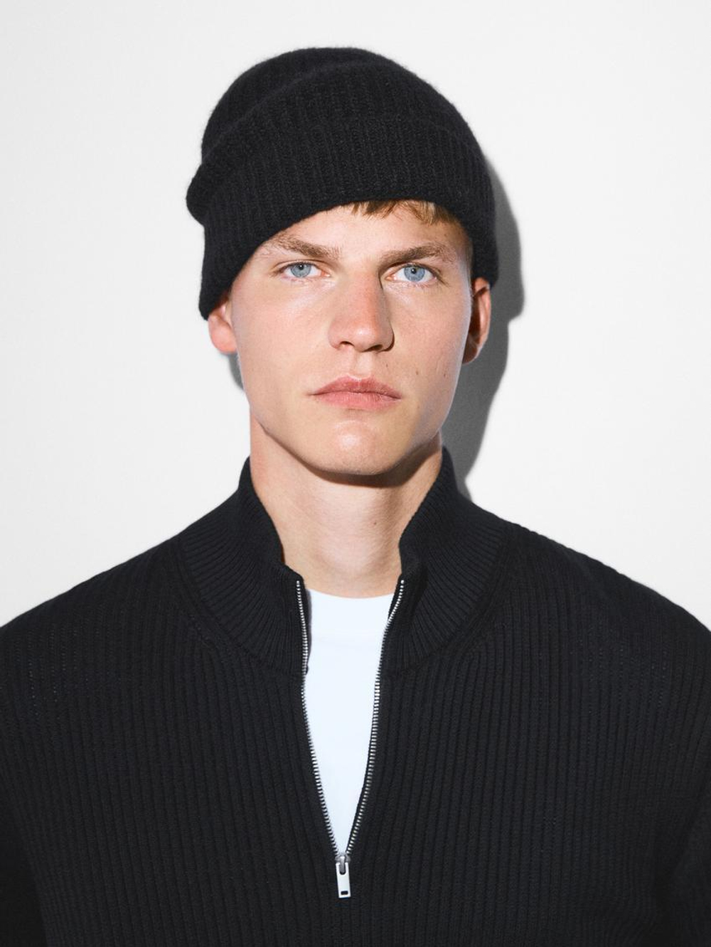 Massimo Dutti Шапка бини из 100% кашемира в рубчик, черный