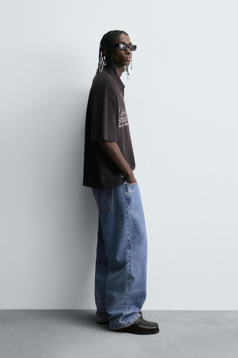 ZARA ПОЛО С ЭФФЕКТОМ ПОТЕРТОСТИ И ТЕКСТОВЫМ ПРИНТОМ, ЧЕРНЫЙ МЕЛАНЖ