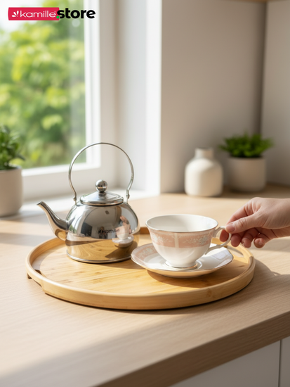 Поднос круглый 35х2 см. бамбуковый с бортиком и ручками