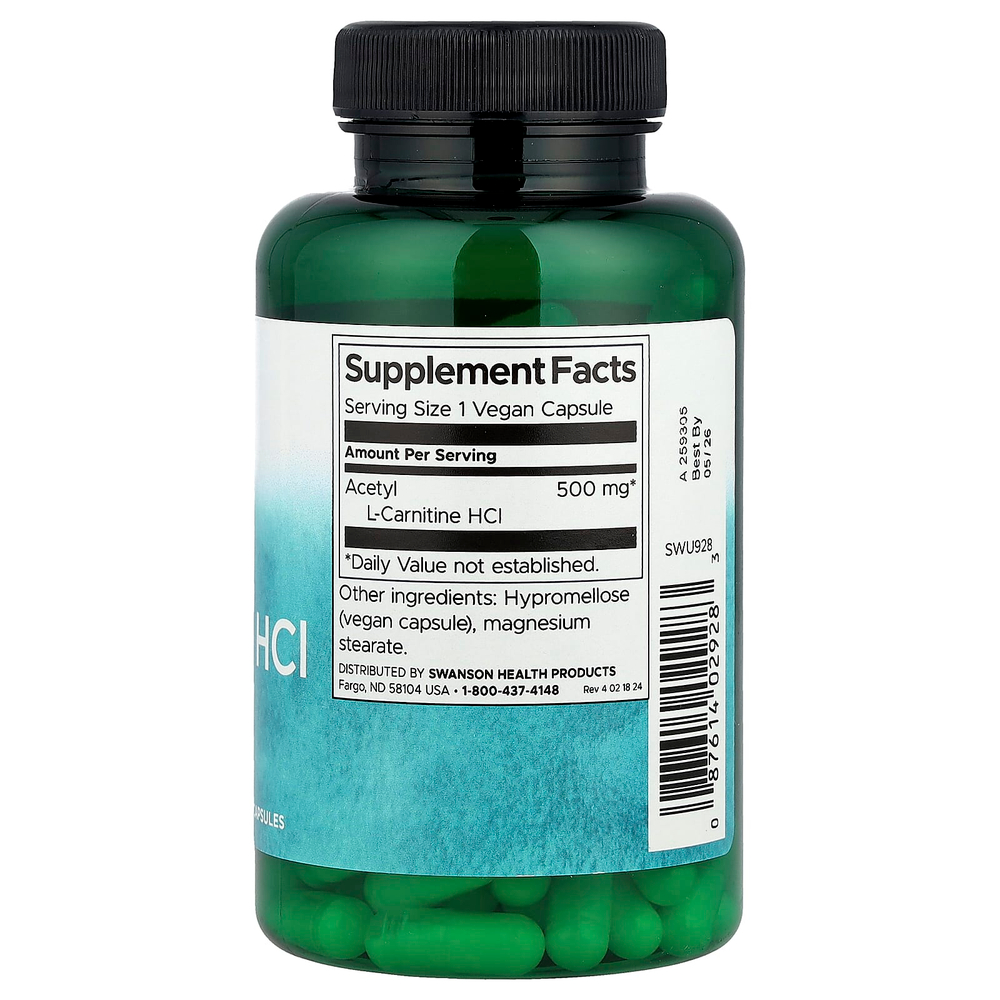 Swanson, Ацетил L-карнитин гидрохлорид, 500 мг, 120 веганских капсул