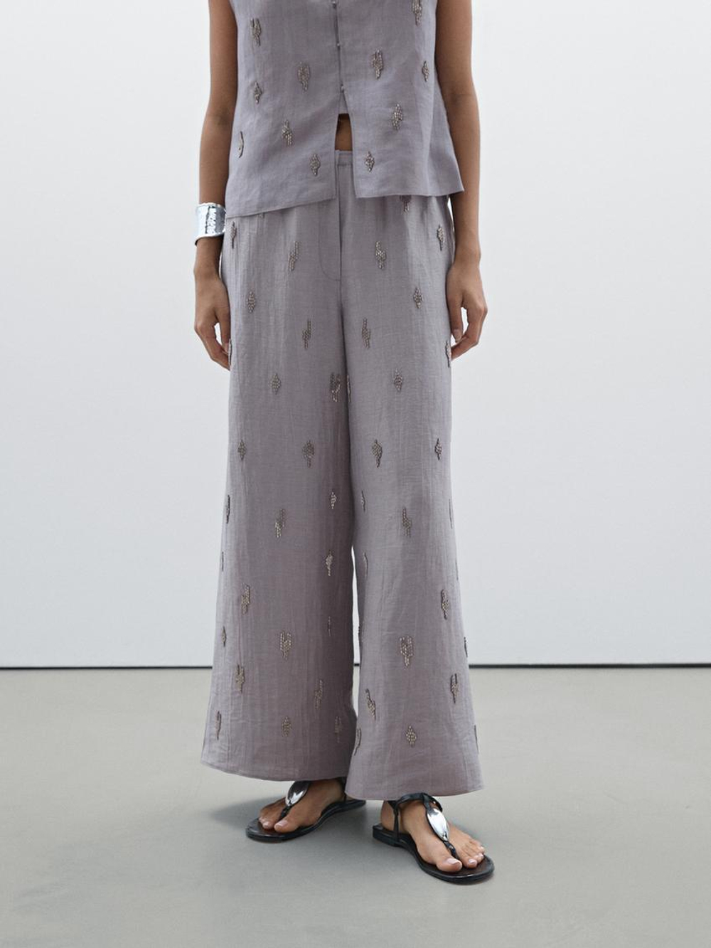 Massimo Dutti Брюки из льняной смеси с вышивкой из бисера, фиолетовый