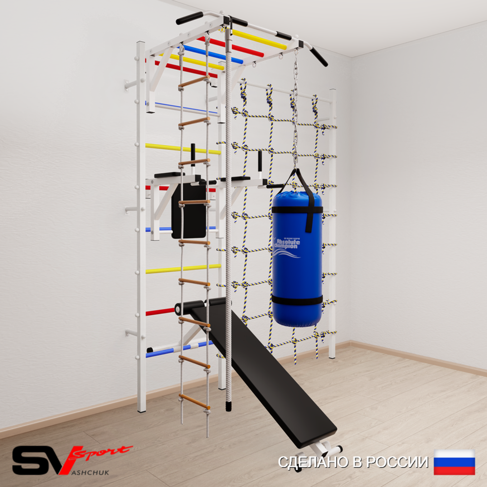 Шведская стенка Sv Sport 55510 (Турник рукоход/Брусья/Скамья/Канат/Лестница/Цепь/Мешок 15кг/Канатный лаз)