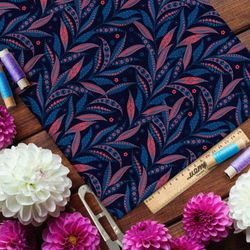 Ткань габардин затемнённые красно-синие листья