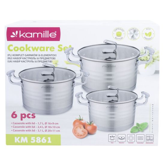 Набор кастрюль 6 предметов 1,7 л; 2,4 л; 3,1 л. Kamille KM 5861 из нержавеющей стали