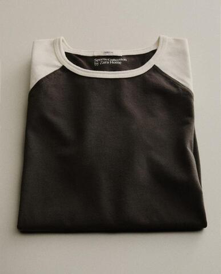 ZARA HOME ДВУХЦВЕТНАЯ ХЛОПКОВАЯ ФУТБОЛКА, КОРИЧНЕВЫЙ