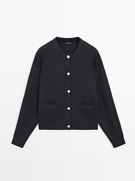 Massimo Dutti Кардиган из хлопкового трикотажа с золотистыми пуговицами, темно-синий