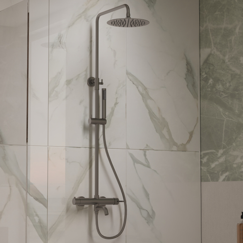 Душевая стойка Vincea Villa VSFS-1VL1GM с изливом, 25см верх. душ из нерж. стали, вороненая сталь