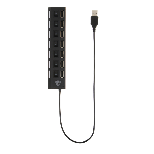 USB-хаб 7xUSB2.0 BY с выключателями, кабель USB(A) 15см, пластик, чёрный