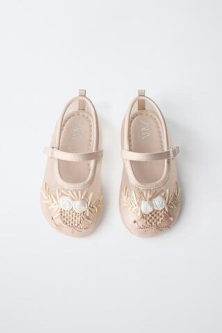 ZARA БАЛЕТКИ ИЗ ОРГАНЗЫ С ЦВЕТОЧНОЙ ВЫШИВКОЙ, РОЗОВЫЙ