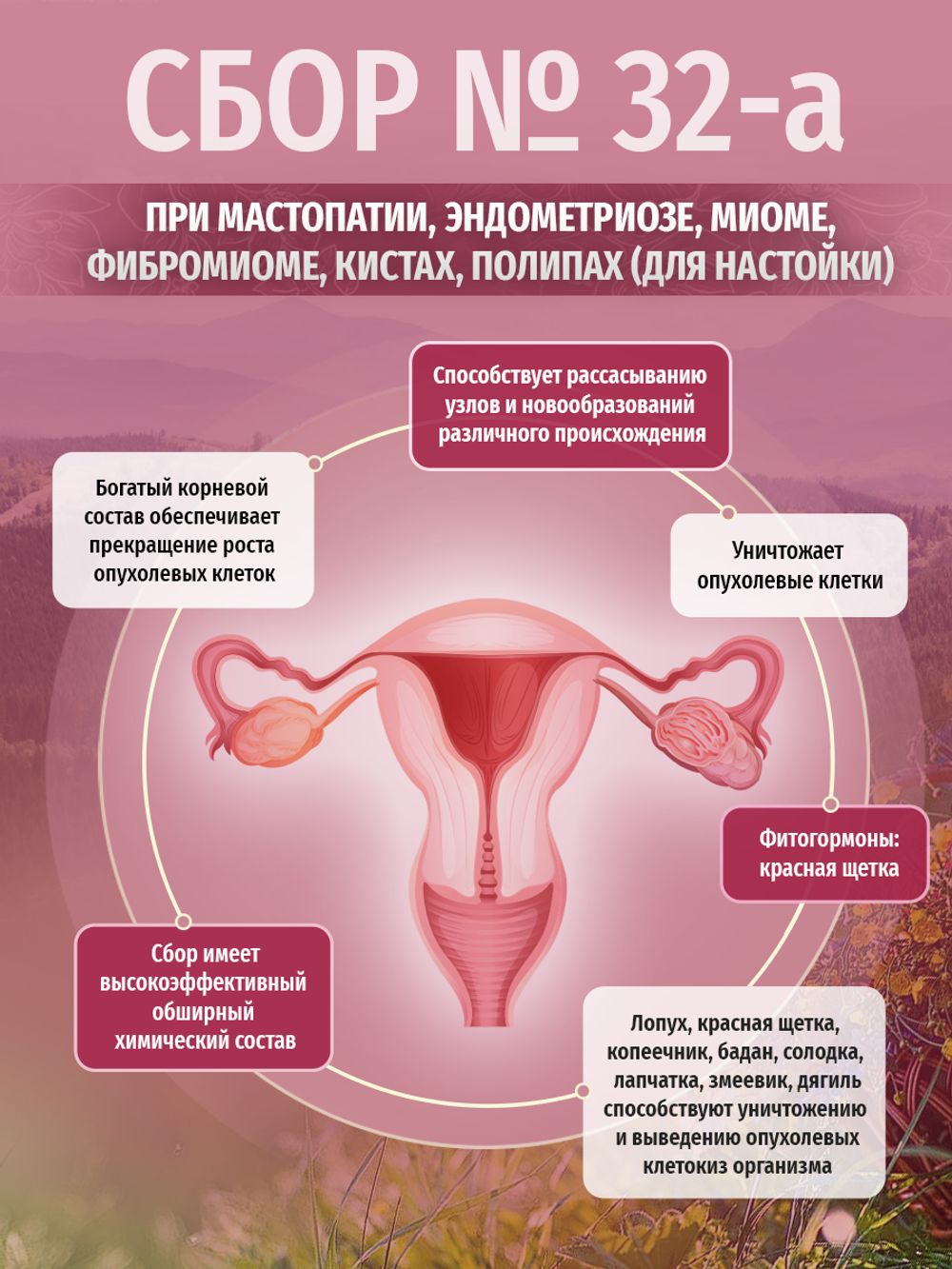 Сбор № 32-а При мастопатии, эндометриозе, миоме, фибромиоме, кистах, полипах (для настойки)