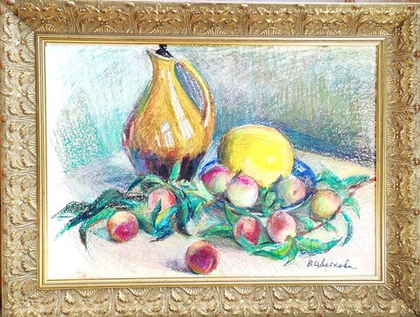 Картина Цветковой В.П. "Натюрморт с персиками" картон/пастель/масло 50х70