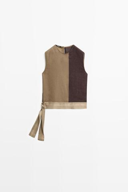 Massimo Dutti Комбинированный льняной топ, коричневый