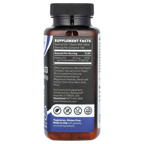 LifeSeasons, Essentials, витамин D3, лимон, 25 мкг (1000 МЕ), 100 быстро растворимых ингредиентов