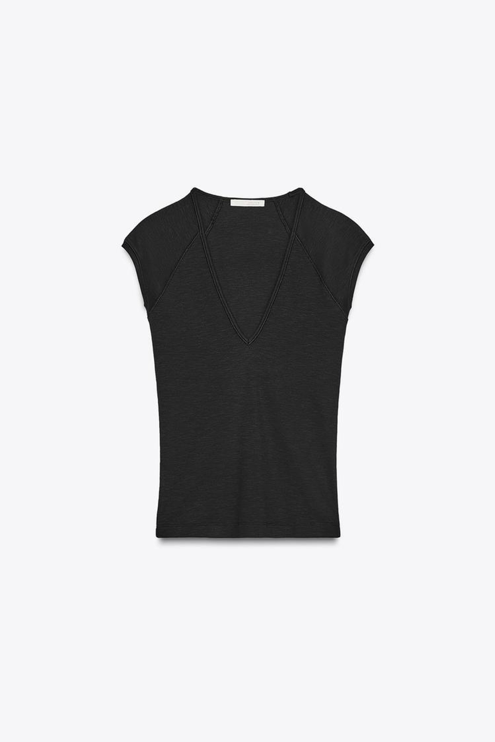 ZARA ФУТБОЛКА В РУБЧИК С V-ОБРАЗНЫМ ВЫРЕЗОМ, ЧЕРНЫЙ