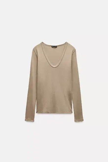 ZARA ФУТБОЛКА SLIM FIT ИЗ ТКАНИ С ЭФФЕКТОМ ПОТЕРТОСТИ, РЫЖЕВАТО-КОРИЧНЕВЫЙ