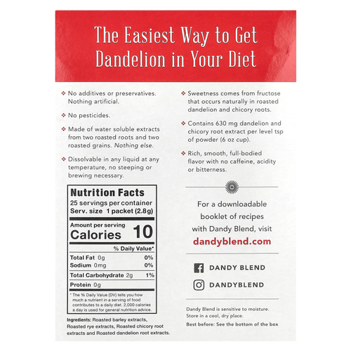 Dandy Blend, Instant Herbal Beverage With Dandelion (Быстрорастворимый травяной напиток с одуванчиком), без кофеина, 25 одноразовых пакетиков