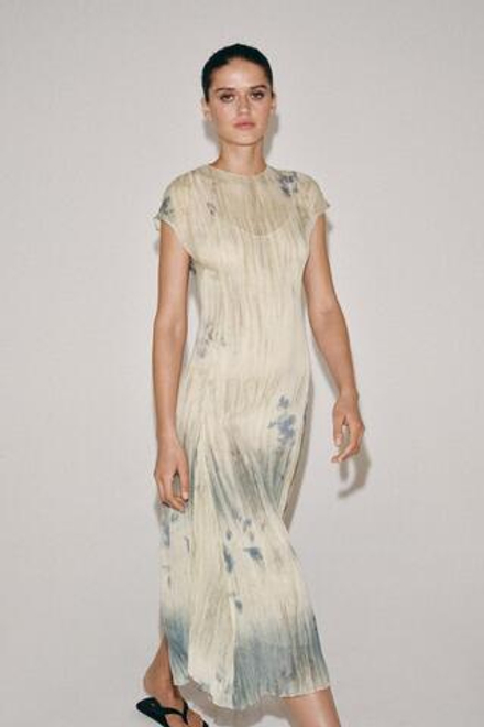 ZARA ПЛАТЬЕ МИДИ С ПРИНТОМ — ZW COLLECTION, ЭКРЮ/СИНИЙ