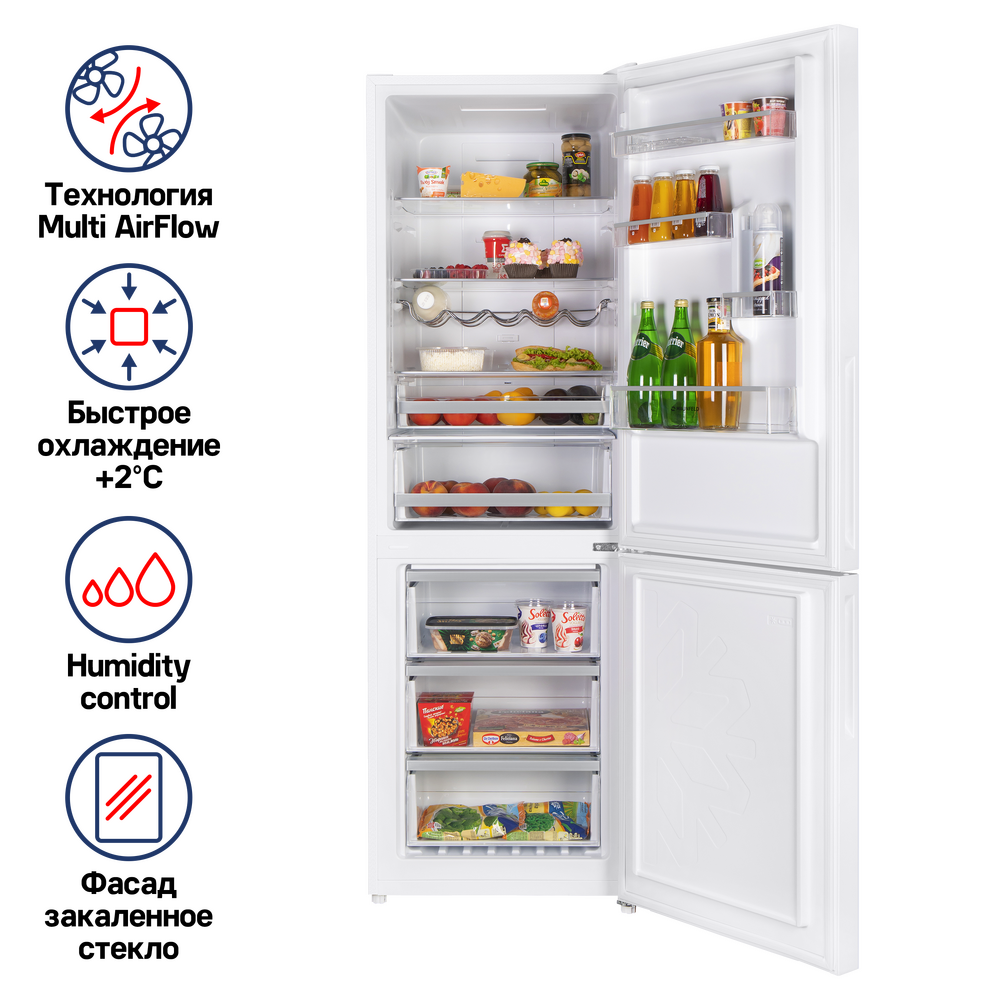 Двухкамерный холодильник MAUNFELD MFF185NFW No Frost с фасадом из белого стекла