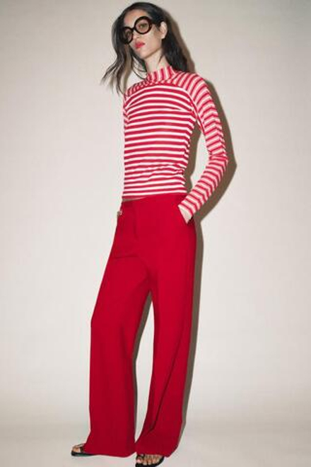 ZARA БРЮКИ ПРЯМОГО КРОЯ С ВЫСОКОЙ ПОСАДКОЙ, КРАСНЫЙ