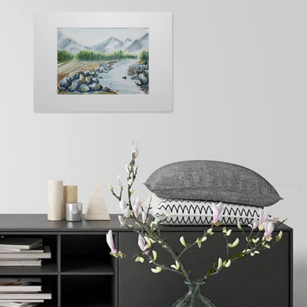 Картина акварельная авторская в паспарту 21х30 см на стену для интерьера "Каменистая река"