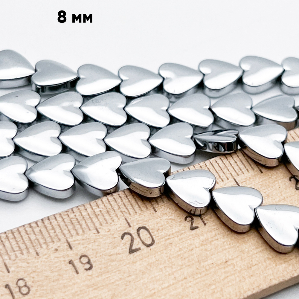 Гематит Сердце бусины (имитация), цвет серебристый, размер около 8 мм, цена за 12-13 шт (1/4 нити)