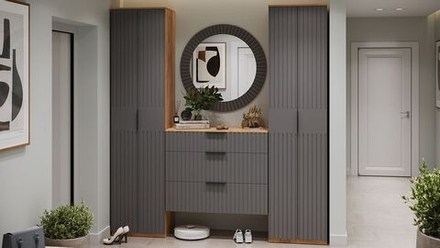 Прихожая с зеркалом комплект мебели Дуб Крафт золотой/Графит матовый 220х43х226 см