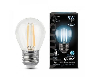 Лампа Gauss Filament Шар G45 E27 9W(710lm) 4100K 4K прозрачный 80x45 филамент (нитевидная) 105802209