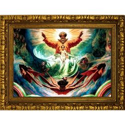 Бог Отец, Бог Сын и исхождение Святого Духа (Троица на херувимах). Икона на холсте с мощевиком.