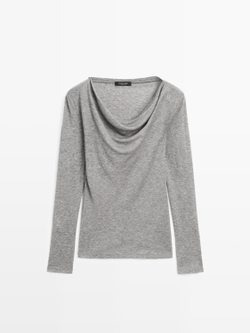 Massimo Dutti Футболка с длинными рукавами и драпированным вырезом, норка