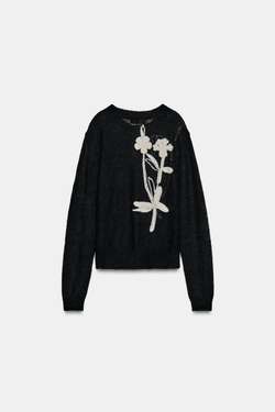 ZARA КАРДИГАН ИЗ ТРИКОТАЖА С ЦВЕТОЧНОЙ ВЫШИВКОЙ, ЧЕРНЫЙ