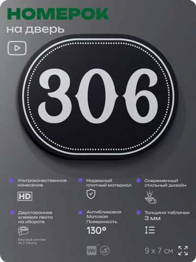 Номерок на дверь квартиры 306, для кабинета, офиса, шильдик 9 х 7 см, черный, Айдентика Технолоджи