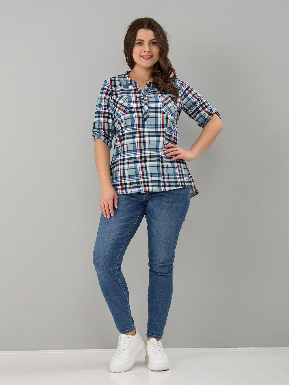 Блузка БЛ-131/клеткасерый-индигокрасный